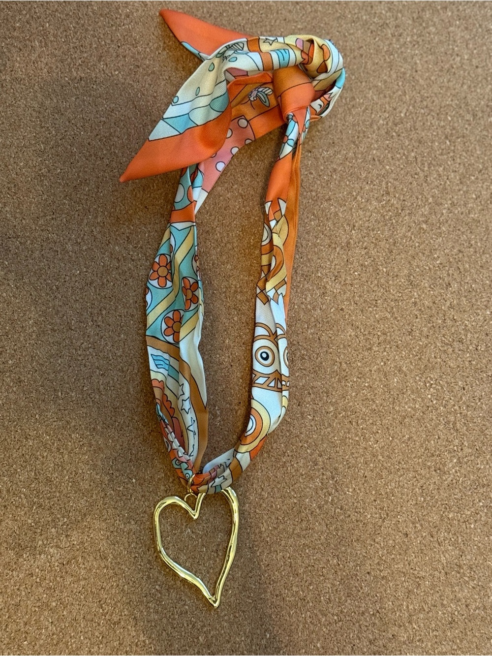 Gold Heart Pendant Scarf Necklace in Orange and Cream